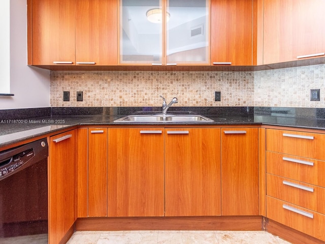 kitchen featuring backsplash, sink, black dishwasher, and dark stone counters