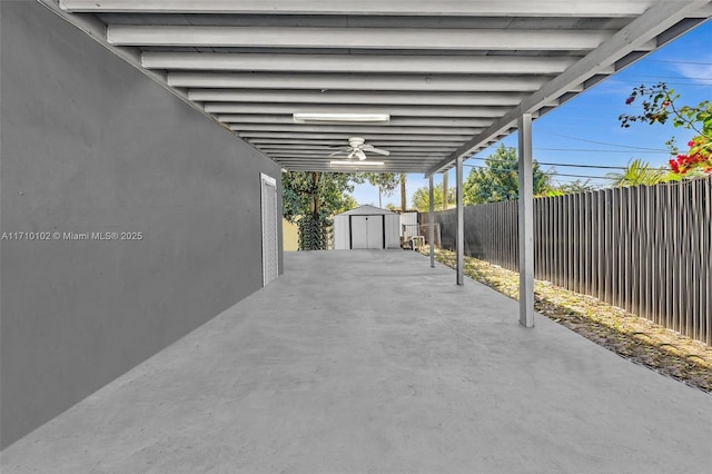 view of patio with a shed