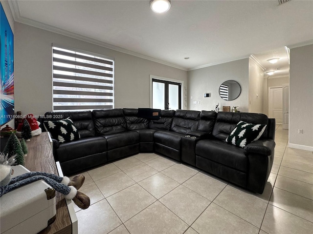 living room with light tile patterned floors and ornamental molding