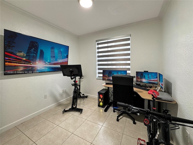 office area featuring tile patterned floors and crown molding