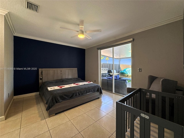 tiled bedroom with access to outside, ceiling fan, and ornamental molding