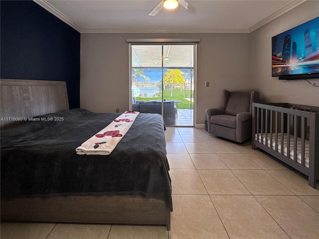 tiled bedroom with access to outside, ceiling fan, and crown molding