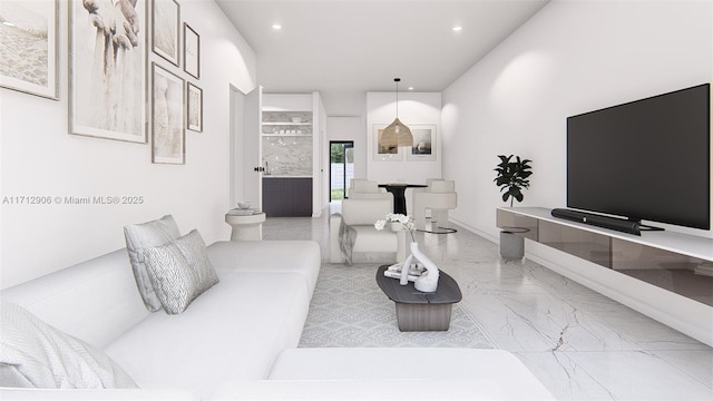 living room with recessed lighting, baseboards, and marble finish floor