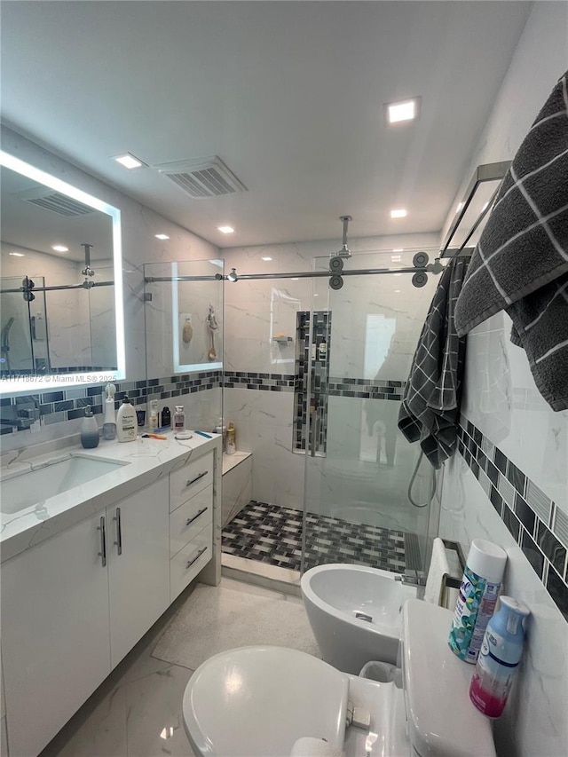 bathroom featuring a bidet, a shower with door, ceiling fan, tile walls, and vanity