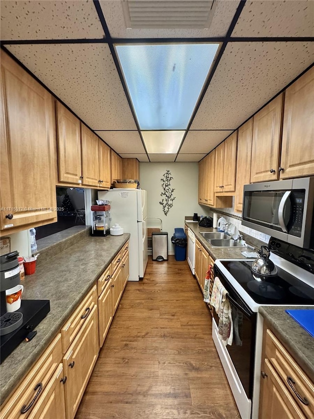 kitchen featuring sink, stove, white fridge, light hardwood / wood-style floors, and a paneled ceiling