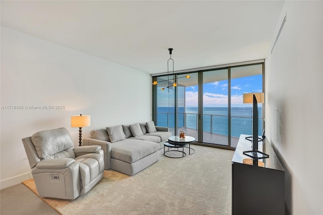 living room featuring carpet and a wall of windows