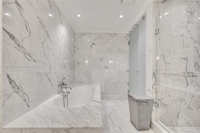 bathroom featuring crown molding and plus walk in shower