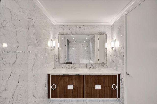 bathroom featuring vanity, a shower, crown molding, and tile walls