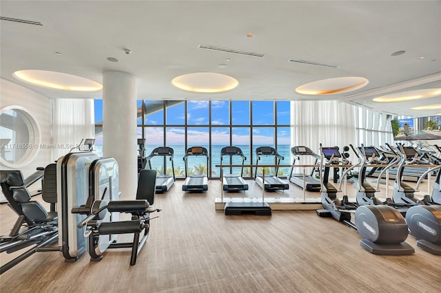 workout area with expansive windows and carpet floors