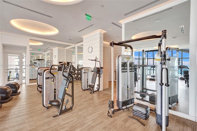 workout area with light hardwood / wood-style floors and a wall of windows