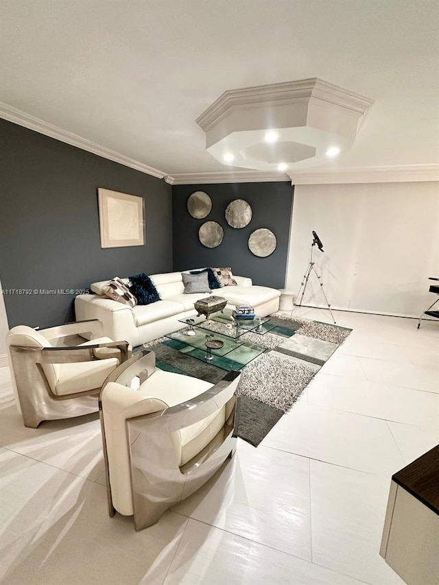 living room featuring tile patterned floors and crown molding