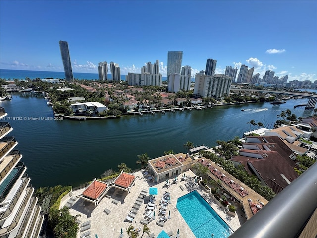 bird's eye view with a water view