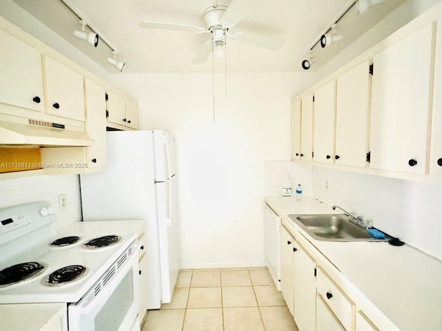 kitchen featuring white cabinetry, sink, ceiling fan, white appliances, and light tile patterned floors