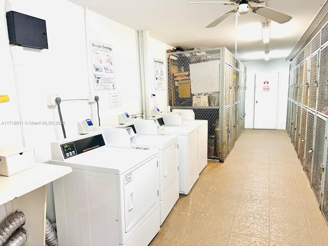 laundry area featuring washer and dryer and ceiling fan