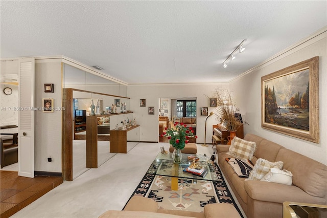 living room with light carpet, crown molding, rail lighting, and a textured ceiling