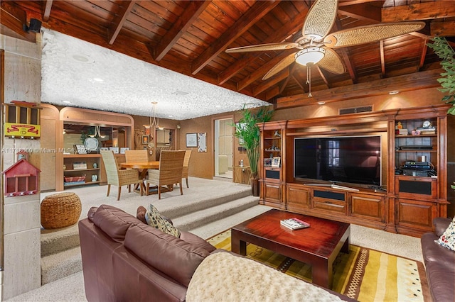 living room featuring carpet flooring, ceiling fan, lofted ceiling with beams, and wood ceiling