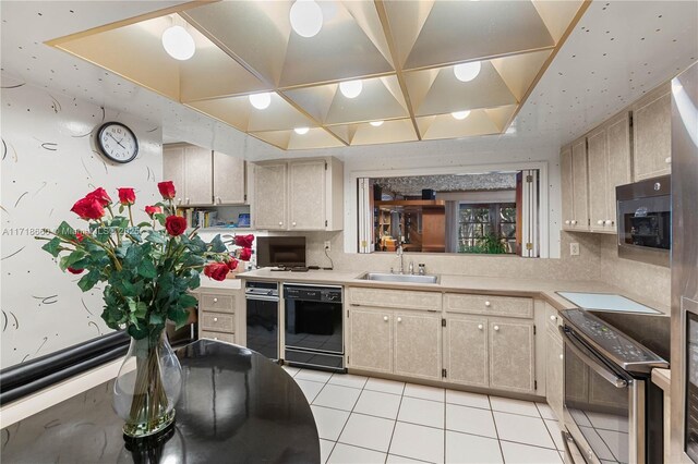 kitchen featuring backsplash, stainless steel electric stove, sink, light tile patterned floors, and black dishwasher