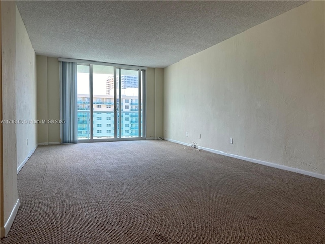 carpeted empty room featuring floor to ceiling windows and a textured ceiling