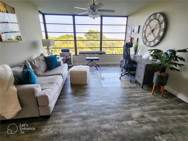 living room with ceiling fan and dark hardwood / wood-style floors