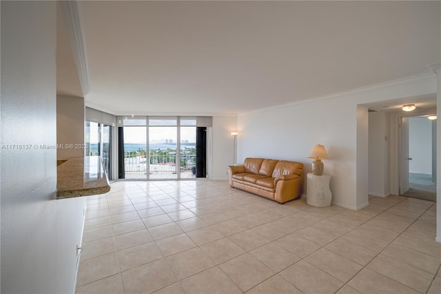 4000 Towerside Ter Unit 908, Miami, FL 33138 - living area featuring ornamental molding, expansive windows, and light tile patterned floors