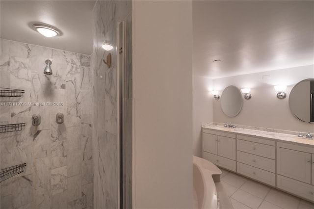 4000 Towerside Ter Unit 908, Miami, FL 33138 - bathroom with double vanity, tiled shower, tile patterned floors, and a bath
