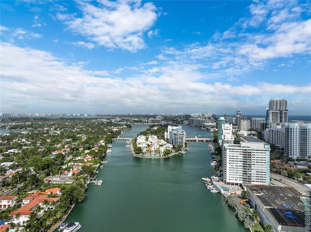 aerial view featuring a water view and a city view