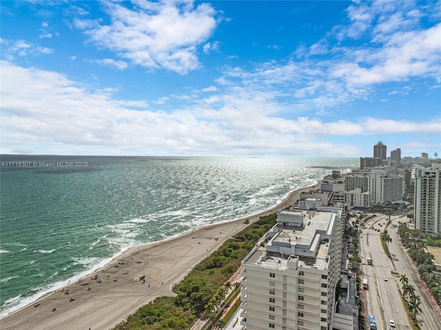 bird's eye view featuring a water view and a view of the beach