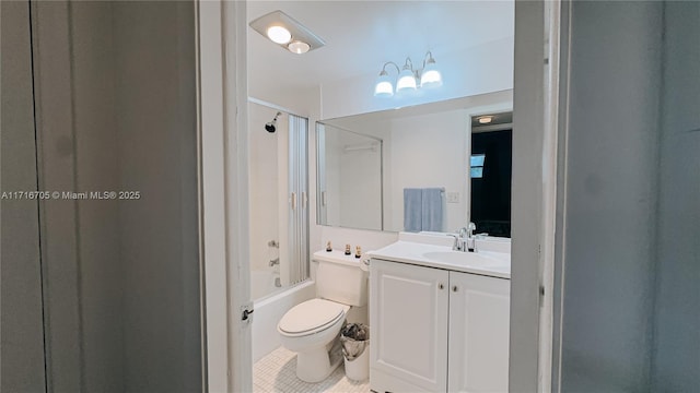 full bathroom featuring vanity, shower / bath combination with glass door, tile patterned flooring, toilet, and a chandelier