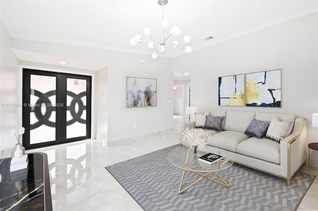 living room featuring ornamental molding and a notable chandelier