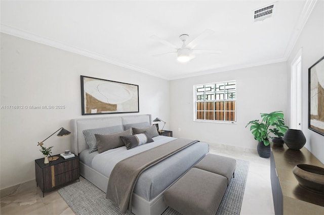 bedroom featuring ceiling fan and crown molding