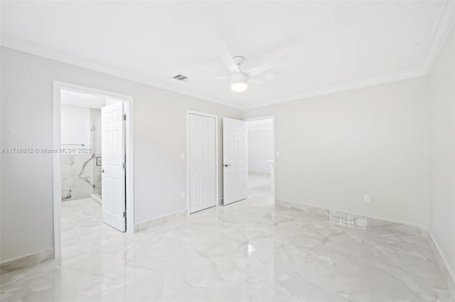 unfurnished bedroom featuring ceiling fan and ornamental molding