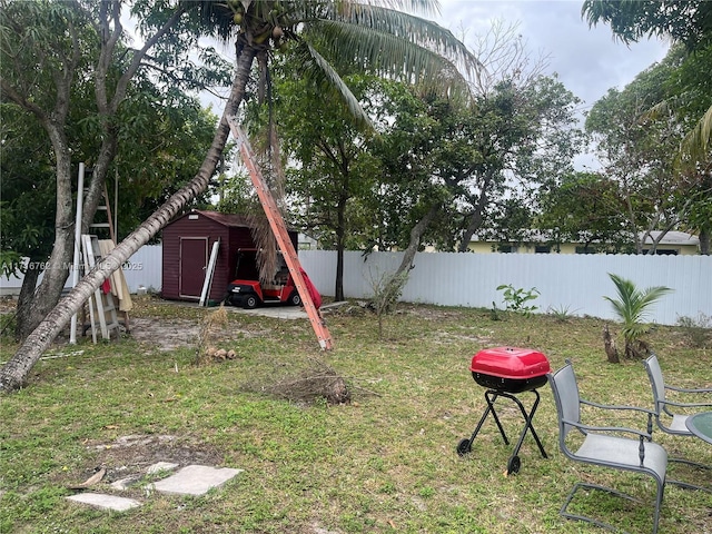 view of yard featuring a storage unit