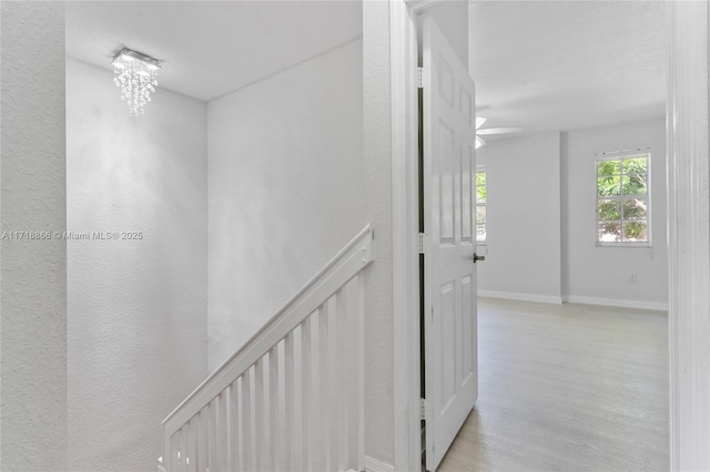 staircase with wood-type flooring and a chandelier