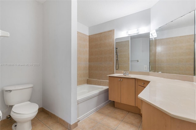 full bathroom featuring tile patterned flooring, vanity, toilet, and independent shower and bath