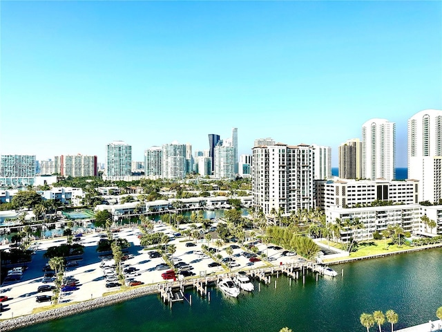 birds eye view of property featuring a water view and a city view