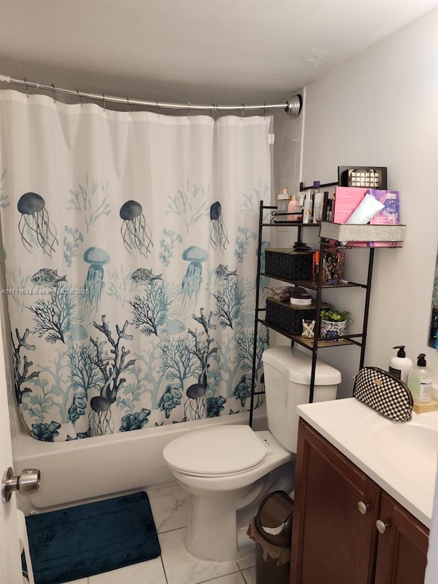 full bathroom featuring shower / bathtub combination with curtain, vanity, and toilet