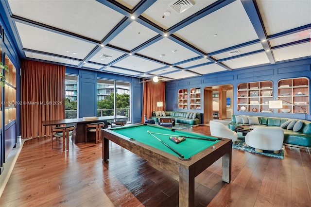 playroom featuring beamed ceiling, hardwood / wood-style floors, billiards, and coffered ceiling