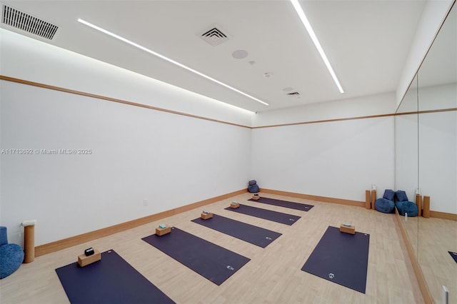 workout room featuring hardwood / wood-style floors