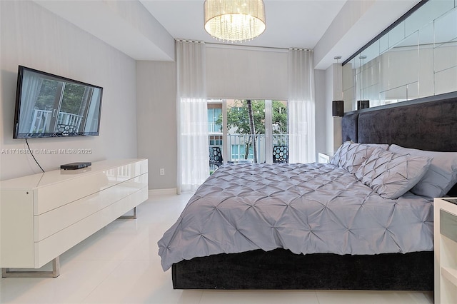 bedroom featuring an inviting chandelier, access to outside, and light tile patterned flooring