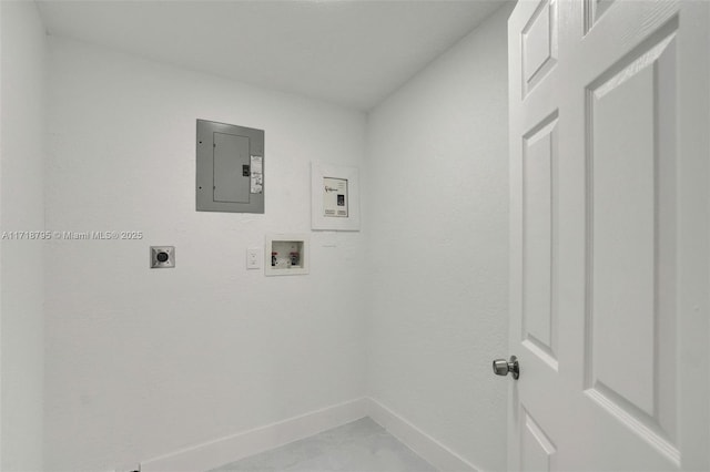 clothes washing area with hookup for a washing machine, electric panel, and electric dryer hookup