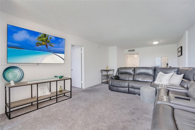 living room with light carpet and a textured ceiling