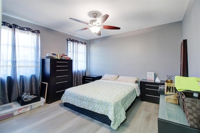 bedroom featuring multiple windows, light hardwood / wood-style flooring, and ceiling fan