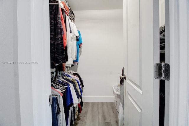 walk in closet with light hardwood / wood-style flooring