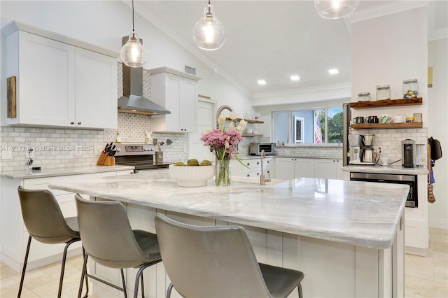 kitchen featuring open shelves, stainless steel range with electric stovetop, wall chimney exhaust hood, and crown molding