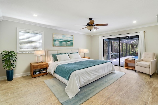 bedroom featuring access to exterior, crown molding, light wood-type flooring, and baseboards