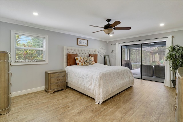 bedroom with multiple windows, access to exterior, ornamental molding, and light wood finished floors