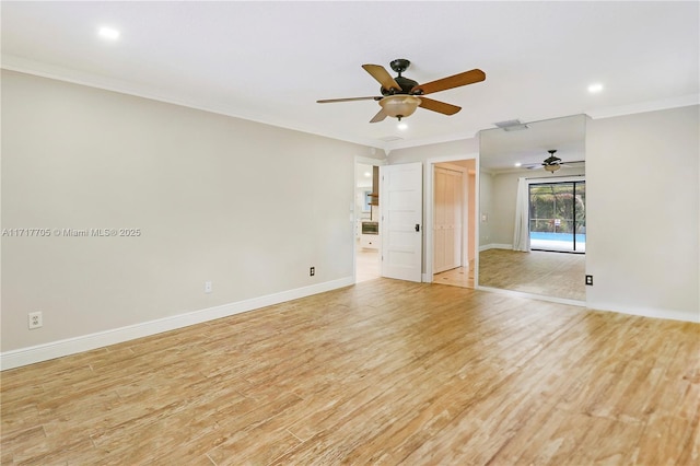 unfurnished room with baseboards, ceiling fan, crown molding, and light wood finished floors