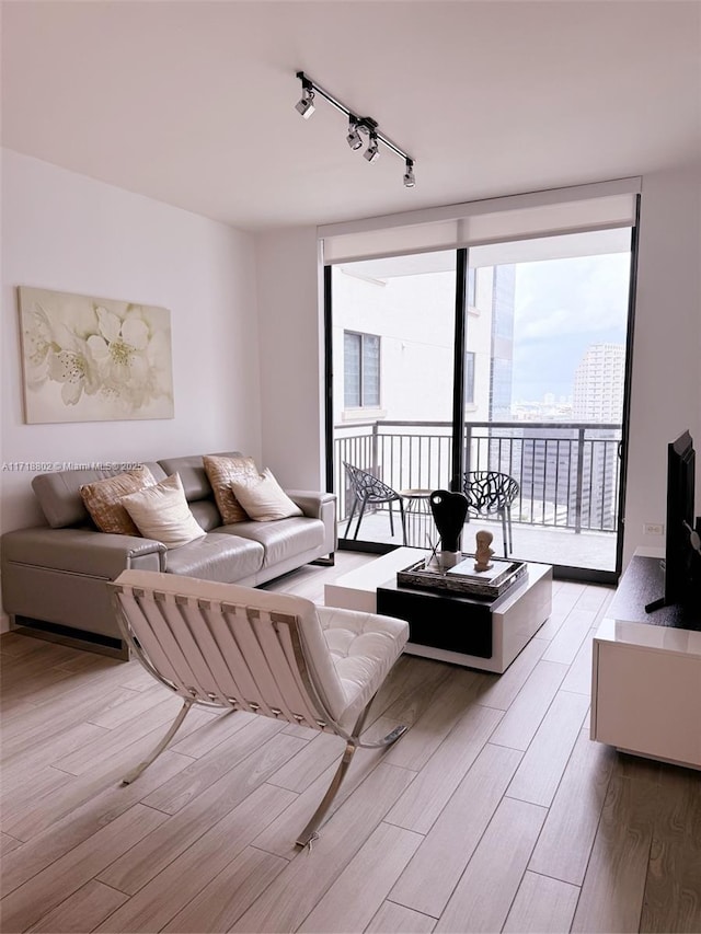 living room with expansive windows, light wood-type flooring, and track lighting