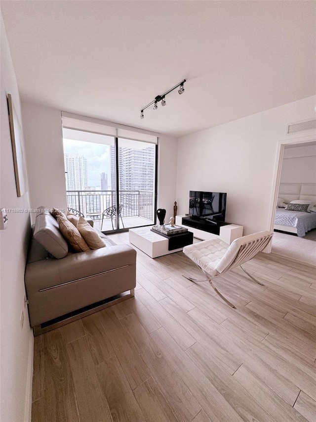 living room featuring light hardwood / wood-style flooring, rail lighting, and a wall of windows