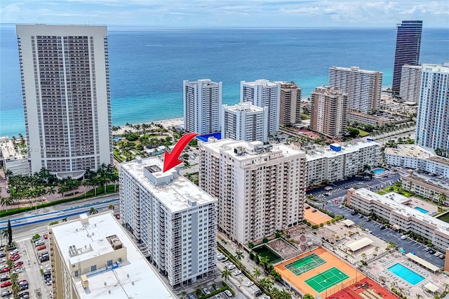 drone / aerial view with a water view